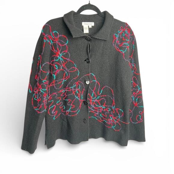 Coldwater Creek Sweaters - Vintage Black Wool Cardigan with Felted Squiggle Detail